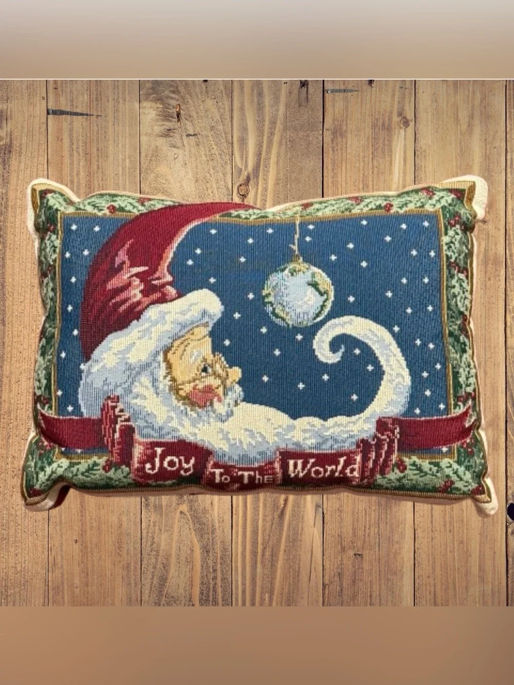 Vintage Tapestry Santa Claus Joy To The World Stuffed Throw Pillow Christmas